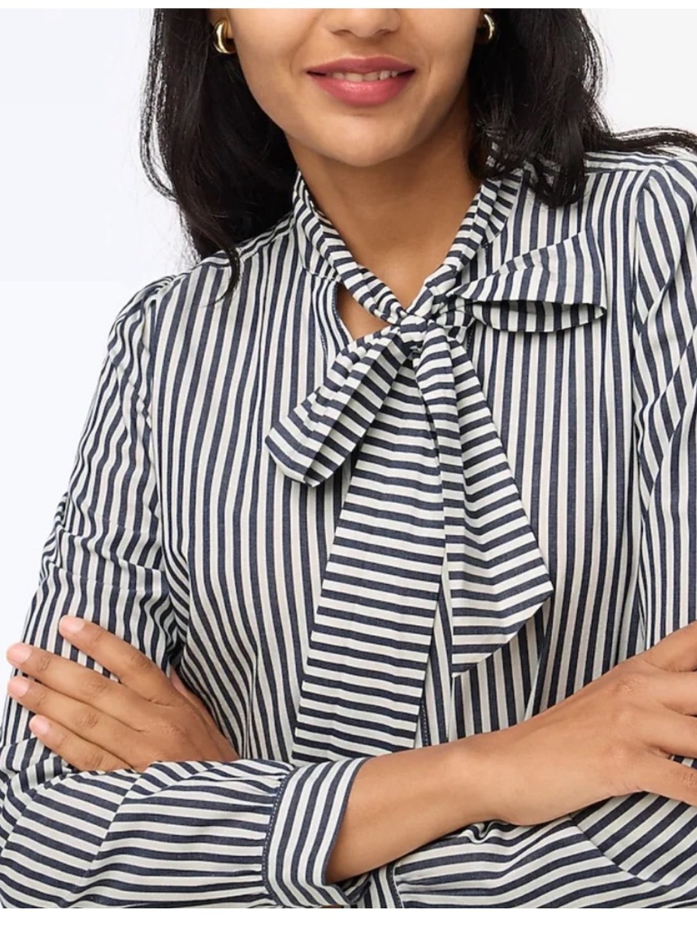 J.Crew Navy and White Striped Bow Tie-Neck Blouse Size XS